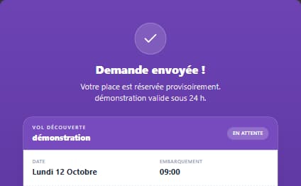 Confirmation de la demande de baptême : créneau réservé provisoirement, réponse du club sous 24 h, paiement sur place.