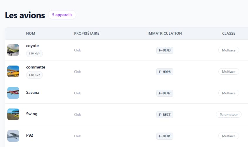 Flotte du club : photo, immatriculation, classe ULM, heures moteur, tarif horaire et état en service de chaque machine.